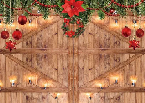 Telón de fondo de puerta de madera de granero rústico navideño de 7x5 pies para fotografía de invierno, telón de fondo de fotografía de puerta de