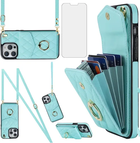 Asuwish Funda de teléfono para iPhone 13 Pro de 6.1 pulgadas, funda tipo cartera con protector de pantalla de vidrio templado y anillo cruzado con