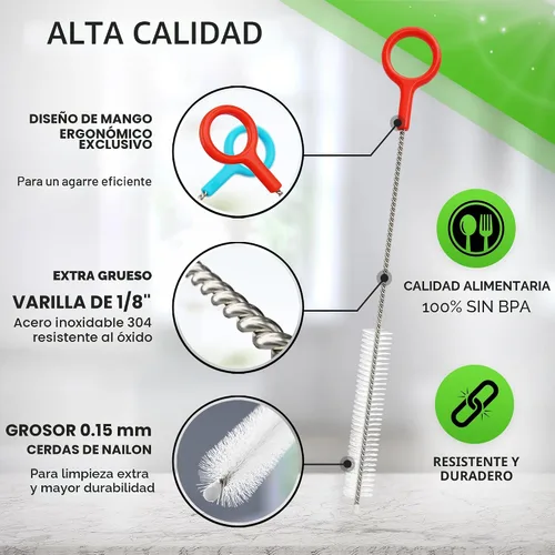 Miniatura 3 de Buenalife Juego de cepillos de limpieza resistentes de 4 piezas - Limpiadores de pajitas extra largos para popotes reutilizables de metal