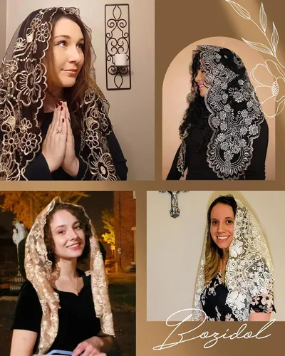 Miniatura 6 de Bozidol Chapel Veils Catholic Mass Mantilla - Virgen y Niño Bordado Encaje Triángulo Cubiertas de Cabeza Velo Floral Iglesia