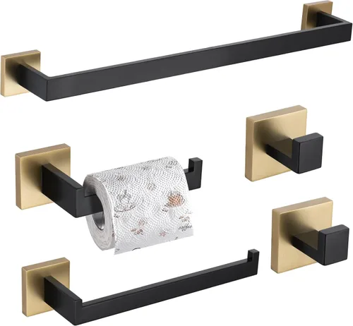 TURS Juego de accesorios de baño de 5 piezas, juego de toalleros negros y dorados, incluye toallero de 24 pulgadas, soporte para toallas de mano,