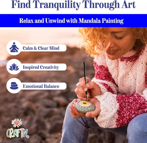 Miniatura 8 de Kit completo de 46 piezas de pintura de mandala para principiantes con pinturas acrílicas, plantillas reutilizables y herramientas de puntos.