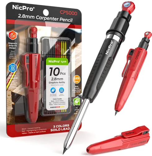 Miniatura 9 de Nicpro Lápices de carpintero magnéticos 7 en 1 CP5000 con sacapuntas, lápiz mecánico de construcción + 10 recargas, marcador de agujero profundo