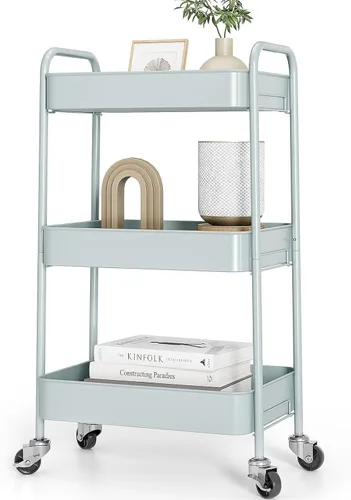 Miniatura 11 de TOOLF Carrito de metal de 3 niveles con ruedas, carrito organizador de almacenamiento para cocina, baño, oficina, artículos esenciales para bebés