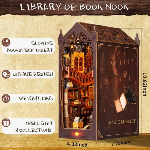 Miniatura 4 de Kit de rincón de libros de bricolaje: estante de rompecabezas de madera 3D con luz LED, decoración de sujetalibros en miniatura para adultos
