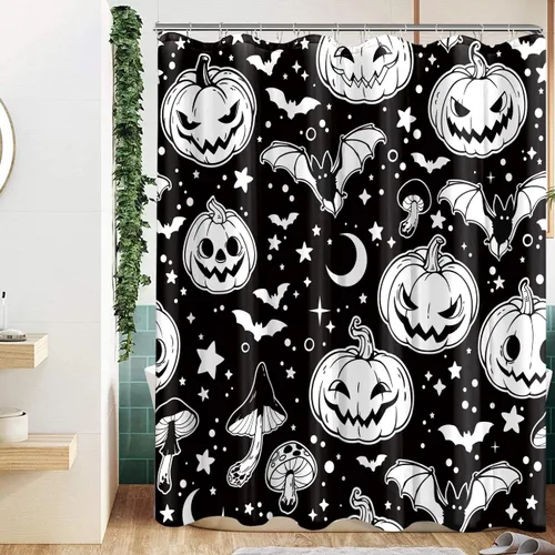 Miniatura 2 de Cortina de ducha de Halloween, calabazas de Halloween, cortinas de ducha de murciélago negro para baño, 72 x 72 pulgadas Bate negro