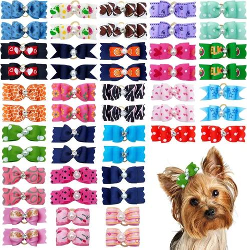 50 unidades (25 pares) lazos para el pelo de perros pequeños, patrón aleatorio con diamantes de imitación, lazo para el pelo para cachorros, gatos,