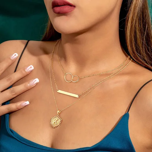 Miniatura 2 de Collares con iniciales en capas para mujer, collar de barra chapado en oro de 14 quilates, collar con dije de letra hexagonal en capas delicadas