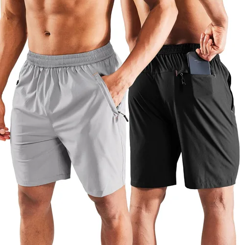 Miniatura 21 de MIER - Pantalones cortos de correr para hombre, de secado rápido, con bolsillo con cremallera, cintura elástica, pantalones cortos atléticos