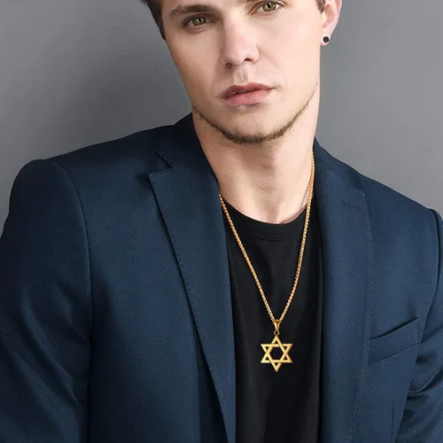 Miniatura 80 de U7 - Collar con Estrella de David para hombres y mujeres, dije hexagonal de acero inoxidable con cruz/piedra de rubí/collares clásicos judíos