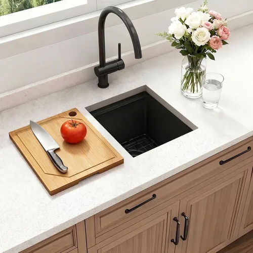 Miniatura 7 de Fregadero de barra de montaje inferior negro, fregadero de cocina de acero inoxidable 304S de calibre 16 con repisa de estación de trabajo