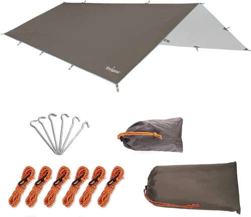 Miniatura 14 de Unigear Toldo para Hamaca contra Lluvia, Lona de Campamento de 16.5/14.4/13.1/9.8 pies, Protección UV e Impermeable y Ligera para Campamento, Marrón