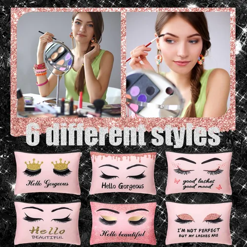 Miniatura 4 de Gerrii 6 bolsas de maquillaje Hello Gorgeous de lona rosa para pestañas, bolsa de cosméticos pequeña para pestañas, bolsa de viaje, regalo