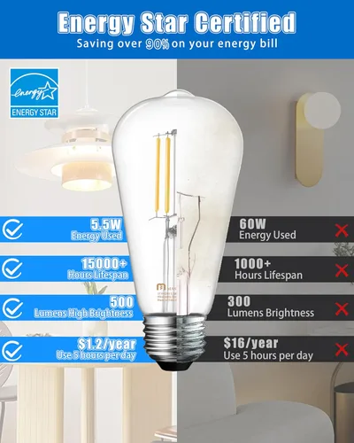 Miniatura 5 de MASTERY MART Paquete de 16 bombillas Edison vintage, bombilla LED E26 de 5.5 W equivalente a 60 W, regulable, blanco frío de 4000 K, ST19 antiguo