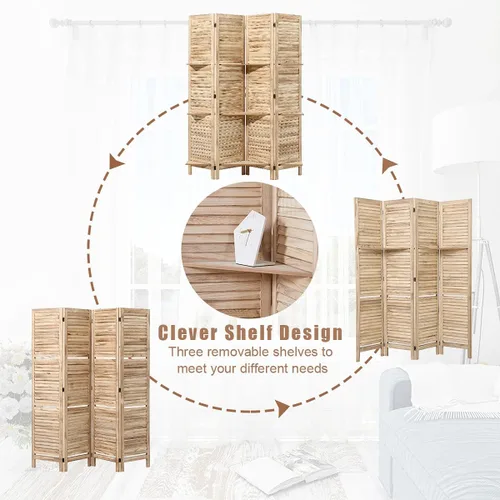 Miniatura 2 de Divisor de habitación de 4 paneles con 3 estantes de almacenamiento extraíbles, pantalla de privacidad plegable de 5.6 pies, divisor de pared