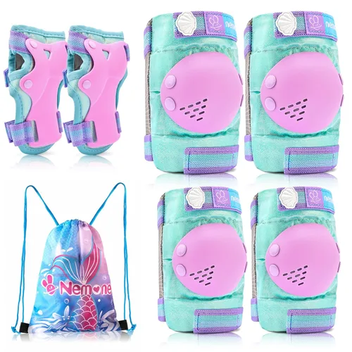 Miniatura 11 de NEMONE Rodilleras para niños, niñas, coderas, muñequeras con bolsa de cordón, juego de equipo de protección reflectante ajustable para patinaje