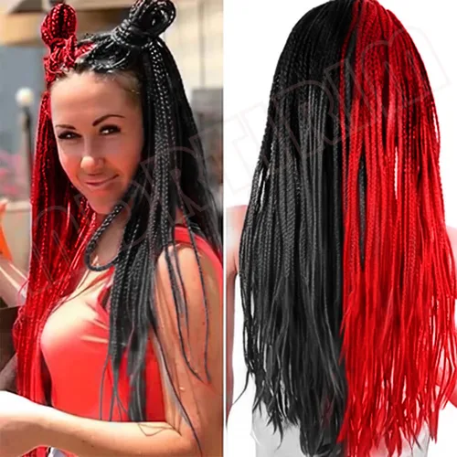 Miniatura 5 de MDRTIRIM Cabello trenzado de color liso, sintético, jumbo, rojo y negro, extensiones preestiradas, fibra resistente a altas temperaturas, pelo
