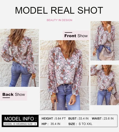 Miniatura 4 de SHEWIN - Blusas casuales, holgadas, de estilo bohemio, mangas largas, con cuello en V y estampado floral para mujer