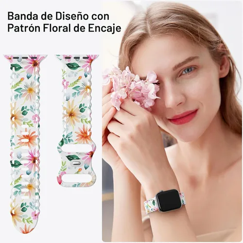 Miniatura 2 de Correa de encaje floral compatible con Apple Watch de 40mm 44mm 46mm 41mm 45mm 38mm 42mm 49mm, mujeres, correa deportiva de repuesto de silicona B