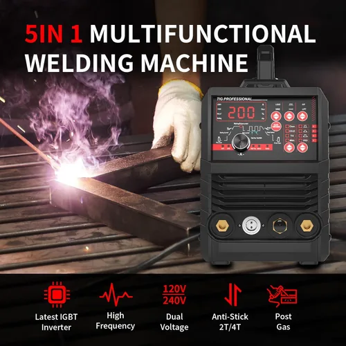 Miniatura 2 de PONEY Soldador TIG 200 Amp 5 en 1 TIG Máquina de soldadura TIG DC TIG/Spot TIG/Pulse TIG/Stick, 110V/220V Voltaje dual con pantalla digital grande