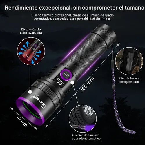 Miniatura 8 de Goreit Luz negra de 365 nm con lente de filtro, linterna de luz UV fuerte de 30 W, recargable con pantalla LCD, luz negra ultravioleta