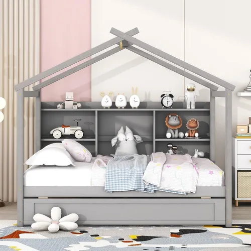 Miniatura 2 de Quarte Cama moderna de tamaño matrimonial con estantes de almacenamiento y cama nido de tamaño individual, sofá cama de madera para niños y niñas