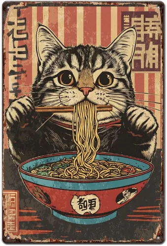 SUPERDANT Cartel de metal retro con diseño de gato que come fideos, letrero decorativo de dibujos animados para el hogar, sala de estar, dormitorio,