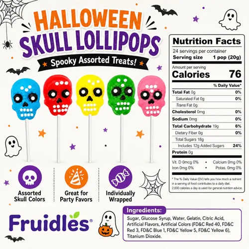 Miniatura 2 de Fruidles Paletas de calavera para Halloween, Día de los Muertos, caramelos duros, envueltos individualmente (paquete de 48)