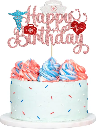 Gyufise Decoración para pastel de enfermería con purpurina para enfermera, feliz cumpleaños, selección de pastel médico, decoración de pasteles para