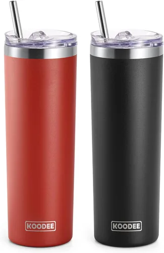 Miniatura 37 de Koodee - Vaso delgado de acero inoxidable de 20 onzas (4 unidades) aislado con doble pared, vaso de agua con 4 tapas, 4 popotes y 2 cepillos