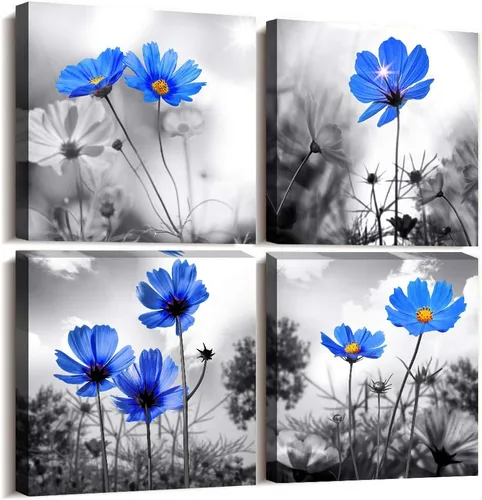 Arte de pared para sala de estar, diseño de flores azules cian en blanco y negro, impresiones en lienzo grande para decoración de pared, obras de