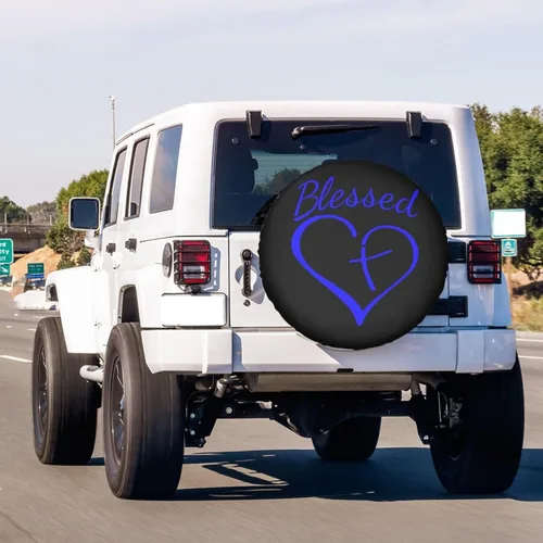 Miniatura 3 de Blessed Heart with Cross Blue Spare Tire Cover Dust-Proof Wheel Tire Cover Fit Trailer, RV, SUV and Many Vehicle 14 Inch