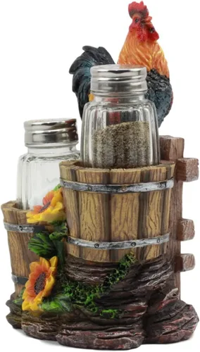 Miniatura 3 de Ebros Girasol Granja Gallo de pie en la valla por cubos de madera antiguos de cristal Salero y Pimentero Figura de soporte 6.5 pulgadas de alto