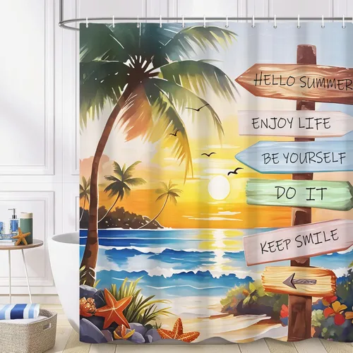 Miniatura 21 de Cortina de ducha náutica costera, cortina de baño con temática de playa y océano, decoración de baño con estrella de mar, coral, concha marina, tela