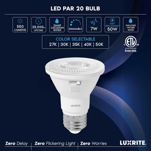 Miniatura 7 de LUXRITE Foco LED PAR20 de Inundación, Equivalente a 50W, 5 Colores Seleccionables 2700K-5000K, 550 Lúmenes, 7W, Foco LED Regulable, Clasificación