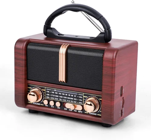 Radio portátil retro AM FM SW 3 banda, carga USB, radio de onda corta con altavoz Bluetooth, tarjeta TF (marrón)