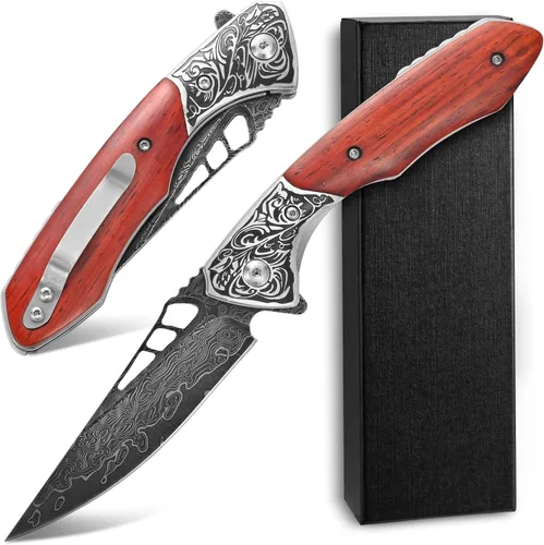 Miniatura 12 de Sitivien ST240 EDC Cuchillo plegable de acero Damasco con mango Dalbergia, bloqueo de hoja de núcleo VG10 y clip para cinturón, cuchillo de 240D