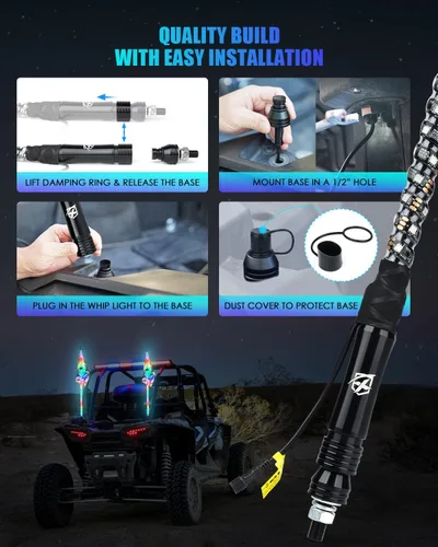 Miniatura 7 de Xprite Luces LED de Látigo Espiral de 91 cm RGB, Luces de Látigo Bailarinas de 360° con Cambio de Colores con Control Remoto y Bandera para Jeep