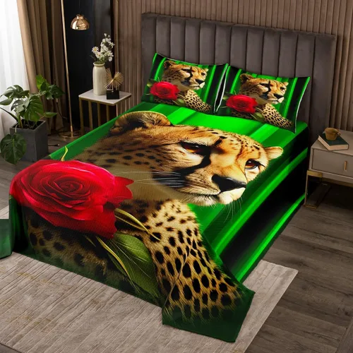 Miniatura 17 de Erosebridal Juego de edredón de león, color turquesa, verde azulado, rosa para mujeres y hombres, juego de colcha de flores de animales salvajes