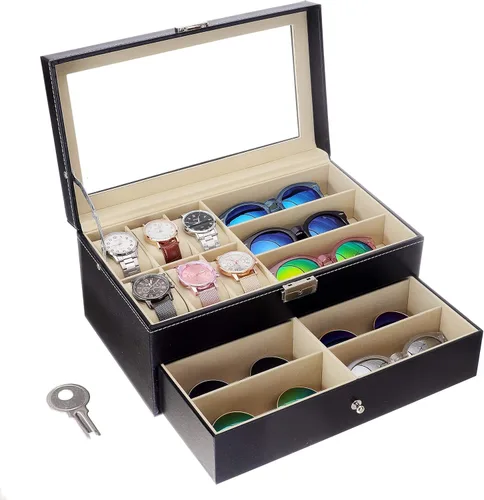 Caja de reloj de cuero y gafas de sol organizador y caja de exhibición de joyas cajón con cerradura organizador negro