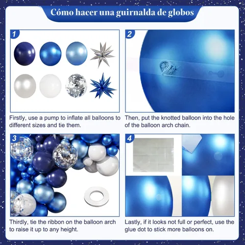 Miniatura 5 de Kit de arco de guirnalda de globos de color azul, blanco y plateado, 140 piezas globos de confeti azul marino claro metálico plateado y blanco