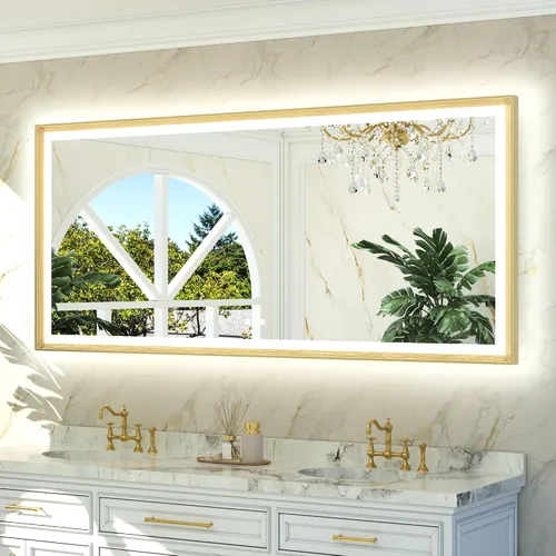 Miniatura 10 de TETOTE Espejo LED dorado para baño, marco de metal de 20 x 28 pulgadas, espejo de tocador iluminado frontal y retroiluminado, barroco, antiniebla