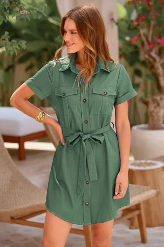 Miniatura 9 de PRETTYGARDEN Vestido casual de verano con botones para mujer, cuello en V, manga corta, con cinturón, bolsillo