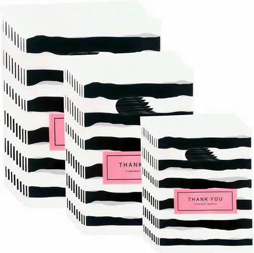 Miniatura 6 de Bolsas de mercancía con texto en inglés "Thank You", 100 bolsas de compras de plástico mixto de 3 tamaños, bolsa para pequeñas empresas, bolsas