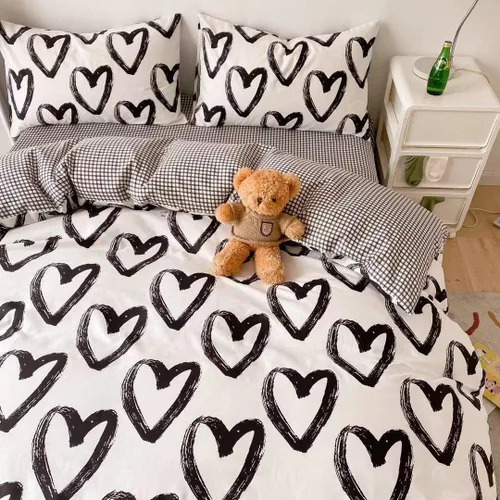 Miniatura 2 de Houseri - Juego de edredón con estampado de corazones, tamaño individual, juego de ropa de cama de algodón de color blanco y negro, para niños