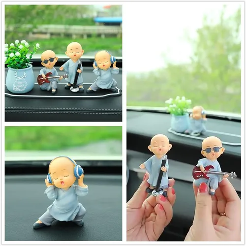 Miniatura 7 de Kingzhuo Estatua de Buda del bebé, estatua de monje de Buda, mini estatua de Buda feliz, juego de tres estantes, mesa de escritorio, decoración