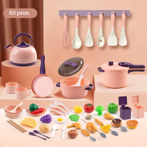 Miniatura 3 de 60 piezas de accesorios de cocina de juego para niños, juego de cocina de simulación con ollas y sartenes, vajilla y conjuntos de frutas y barbacoa