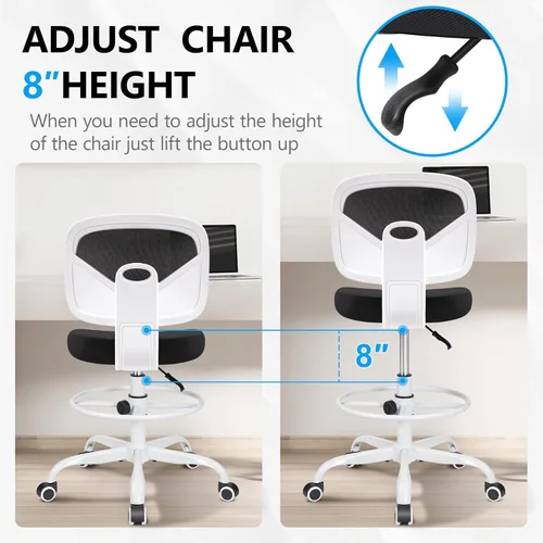 Miniatura 6 de Primy Silla ergonómica de escritorio de pie con respaldo medio sin brazos, silla alta con ruedas de malla, altura ajustable y reposapiés, sala