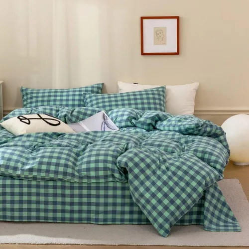 Miniatura 32 de MKXI Juego de funda de edredón a cuadros de tamaño individual, color verde bosque y amarillo mostaza, ropa de cama de 3 piezas de algodón lavado