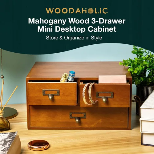 Miniatura 8 de Gabinete de boticario modular apilable de escritorio con 3 cajones, boticario de madera maciza para mesa, cajones de catálogo de tarjetas